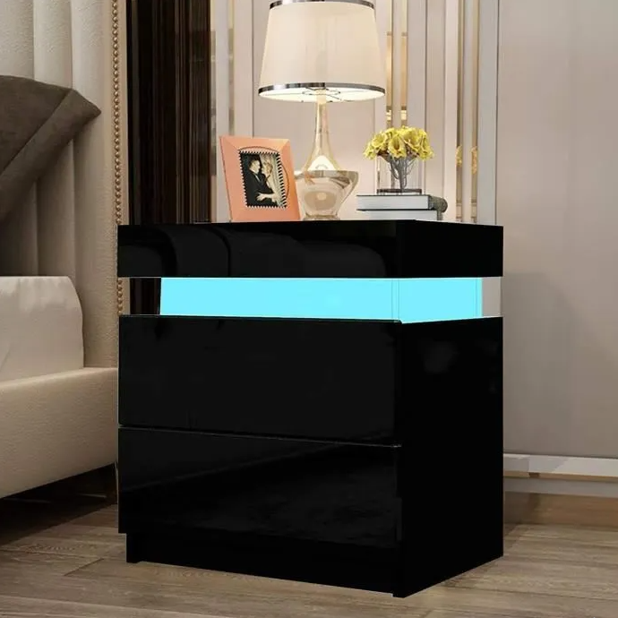 Table de chevet noire avec LED.