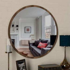 Miroir rond de couleur marron avec un encadrement en bois, dimensions de 60 sur 60