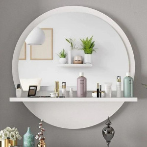 (52-25cm)Miroir mural Rond avec étagère Blanc, décoration murale-miroir multi fonctionné