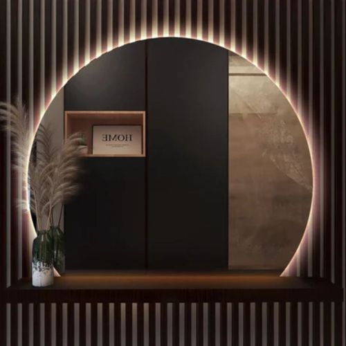 Miroir LED rond découpé, grand miroir mural avec etager , miroir sans cadre avec LED,