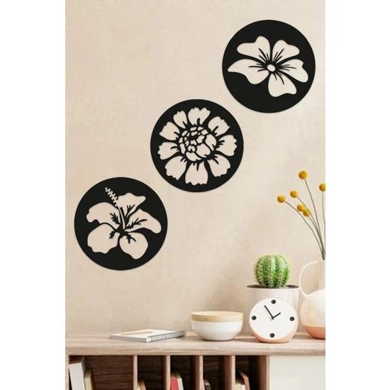 Produit de décoration murale découpé au Laser noir à motifs de fleurs rondes, 3 pièces, 30x90