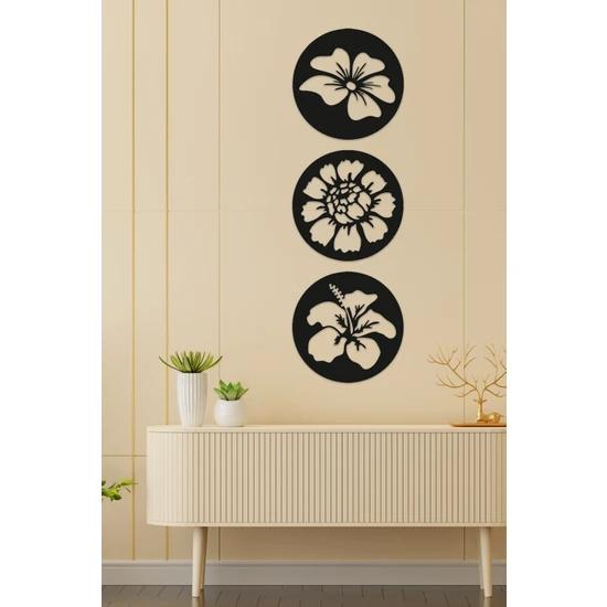 Produit de décoration murale découpé au Laser noir à motifs de fleurs rondes, 3 pièces, 30x90