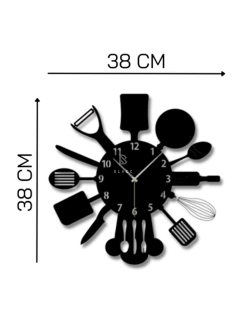 Ustensiles de cuisine en bois noir, fourchette, couteau, cuillère, horloge murale