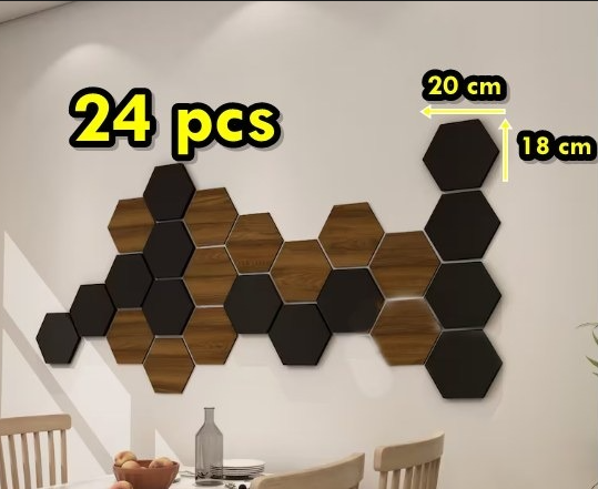 Pack 24 pcs Hexagones en bois noir et sombre, panneaux décoratifs  art mural , installation facile,