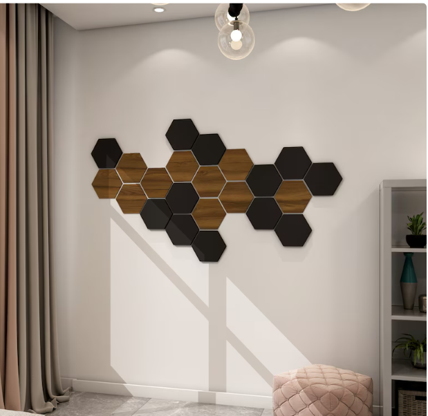 Pack 24 pcs Hexagones en bois noir et sombre, panneaux décoratifs  art mural , installation facile,