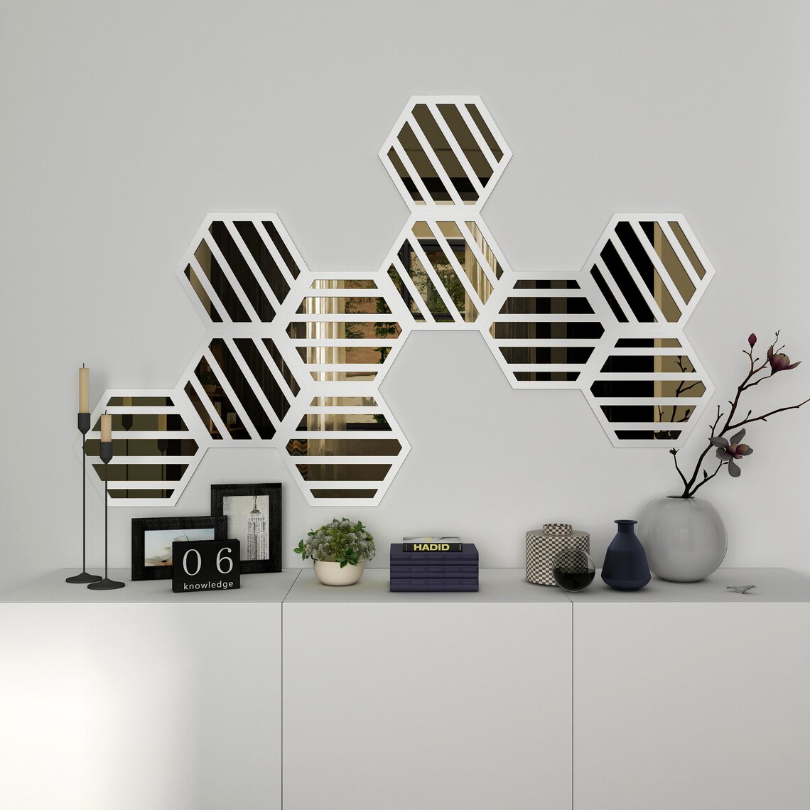 Taxes locales incluses (si applicables), plus frais de livraison Panneaux muraux hexagonaux en bois et miroir, Décoration murale , Art mural , Art mural décoratif  9 hexagones par paquet,