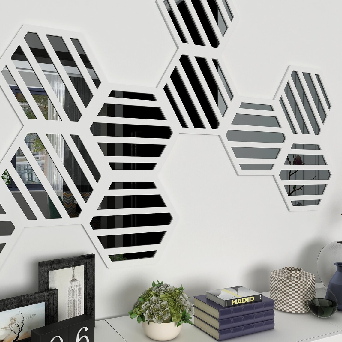 Taxes locales incluses (si applicables), plus frais de livraison Panneaux muraux hexagonaux en bois et miroir, Décoration murale , Art mural , Art mural décoratif  9 hexagones par paquet,