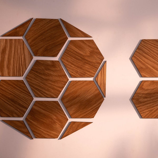 Art mural en bois de chêne en nid d’abeille / Art mural hexagonal 13 pcs