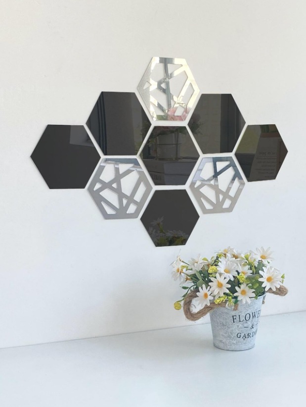 pièces petit ensemble d'autocollants muraux miroir en plastique noir + argent, 6 pièces hexagone noir + 3 pièces hexagone creux argenté,