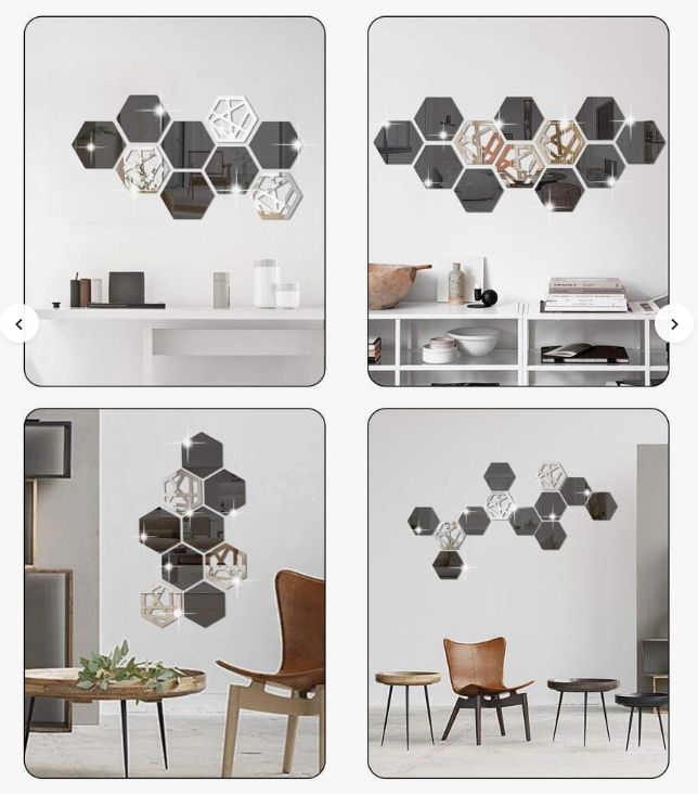 pièces petit ensemble d'autocollants muraux miroir en plastique noir + argent, 6 pièces hexagone noir + 3 pièces hexagone creux argenté,