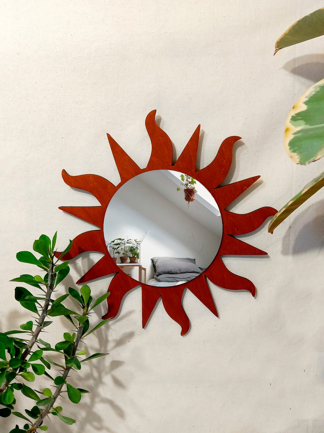 Décoration murale bohème miroir soleil, miroir décoratif en forme de soleil 25cm