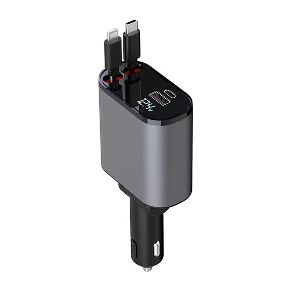 Chargeur de voiture 120W Avec Cable Intégré rétractable Lightning + Type-C